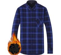Herren Dickes Kariertes Hemd Langarm Button Down Gefüttert Hemdjacke Mit Tasche (Blau, L)