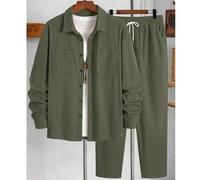 Herren Einfarbiger Cord Komfortabler atmungsaktiver Stoff Hemdkragen Vollreißverschluss Kontrastknopf Design Langarm Hose 2-teiliges Set, geeignet für