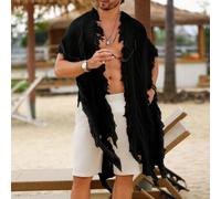 Herren einfarbiger Fransenkardigan, geeignet für Urlaub und Reisezubehör, Herren Boho-Strandüberwurf, Herren Cardigan mit offenem Bund, Herren Fransen