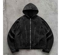 Herren einfarbiger gewaschener Hoodie-Design Schwarz Streetstyle & Reißverschluss Langarm Denim Jacke, Herbst