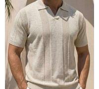 Herren einfarbiges Polokragen V-Ausschnitt Maillard-Textur Business Casual Urlaubs Kurzarm leichter Strick-Top, Apricot