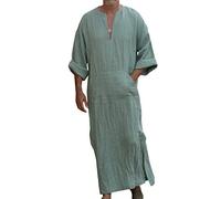 Herren Ethnische Roben Lange Ärmel Einfarbig Kaftan Lösen Fit Beiläufiges Tunic Große Größen Lange Shirt mit Taschen Sommer Baumwolle Leinen Robes (5XL, Grün)