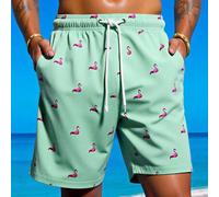 Herren Flamingo Muster Kordelzug Taille Taschen Lässig Mode Strand Shorts, Herren Bademode Flamingo Badeshorts, Herren Flamingo Badebekleidung, Herren