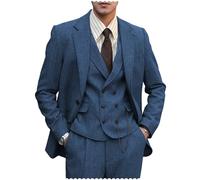 Herren formeller Tweed-Wolle 3-teiliger Hochzeits-Slim-Fit-Anzug Smokings für Trauzeugen, Blau, XL
