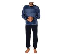 Herren Frottee Pyjama, Langarm Rundhals Oberteil mit Ringel, Uni Hose mit Bündchen, 75093 (DE/NL/SE/PL, Numerisch, 48, Regular, Regular, Marine)