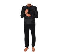 Herren Frottee Pyjama, Langarm Rundhals Oberteil mit Ringel, Uni Hose mit Bündchen, 75093 (DE/NL/SE/PL, Numerisch, 58, Regular, Regular, Schwarz)