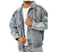 Herren Frühling Und Herbst Amerikanischer Retro Trend Mode Gewaschene Jacke Revers Lose Lässige Arbeit Outdoor Wandern Camping Multi-Pocket Jacke (Blau,L)