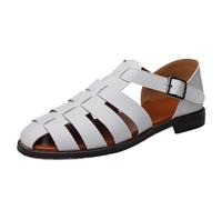 Herren Geschlossene Zehen Römische Sandalen Verstellbarer Schnallenriemen Fischer Schuhe Atmungsaktive Leder Freizeitschuhe Niedriger Absatz Übergröße Sommer Elegante(White,47 EU)