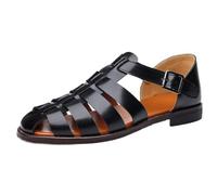 Herren Geschlossene Zehen Römische Sandalen Verstellbarer Schnallenriemen Fischer Schuhe Atmungsaktive Leder Freizeitschuhe Niedriger Absatz Übergröße Sommer Elegante(Black,39 EU)