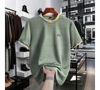 Herren gestricktes Jacquard einfarbiges strukturiertes T-Shirt mit goldener Borte und Rippenmuster