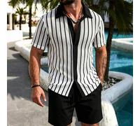 Herren gestricktes Mesh gestreiftes Farbblock Lässig Urlaubs Kurzarm Hemd & einfarbige Shorts mit elastischem Bund Set