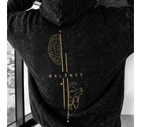 Herren gewaschener, distressed Hoodie mit BALANCE Brain & Herz Muster, Kängurutasche und Kapuze mit Kordelzug