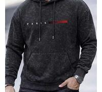 Herren gewaschener distressed Hoodie Sweatshirt, Herbst/Winter, PARIS Buchstaben Rot Streifen Muster, lockere Passform, Kordelzug, Känguru-Tasche, Pul