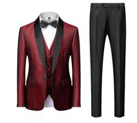 Herren Gold Jacquard Anzug Zweiteiler Set Business Bankett Party Kleid Hochzeit Anzüge für Männer, Weinrot, 3-teiliges Set, M