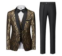 Herren Gold Jacquard Anzug Zweiteiler Set Business Bankett Party Kleid Hochzeit Anzüge für Männer, Goldenes 3-teiliges Set, M