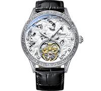 Herren Gold Luxus Tourbillon Uhr Tiger geschnitzt Mondphase Selbstaufzug Mechanische Automatik Uhren Retro Tattoo Skelett Großes Zifferblatt Ledergürtel Armbanduhr, Silber