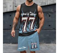 Herren Große Größen Weste Set, Street-Style 77 Grafik Muster Top und Shorts Set, locker sitzender 2-teiliger Sommer Outfit