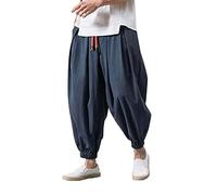 Herren-Haremshose aus Baumwoll-Leinen, einfarbig, weites Bein, normale Passform, Hippie-Hose, stilvolle Jogginghose, leichte Loungehose, Baggy-Hose, elastische Taille, Kordelzug, navy, XXXXXL