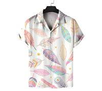 Herren-Hawaiihemd Mit Camp-Kragen, Kurzärmeliges Hemd - Farbiger Federblätter-Druck, Lässiges, Lockeres Strand-Aloha-Hemd, Hip-Hop-Sommer-Cardigan Mit Knöpfen, Herrenbluse, Urlaubsparty, 5Xl