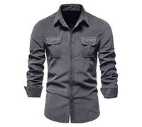 Herren-Hemd, Cord, Arbeitshemden, schmale Passform, langärmelig, Button-Down-Shirt, mit Tasche, atmungsaktiv, taktisches Hemd, formell, dehnbar, knitterfrei, lässig, Tops für Frühlingsreisen, grau, XL