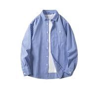 Herren Hemd Frühling und Herbst Retro Gestreift Single Mouth mit Revers Einfach Langarm Casual Shirt Ärmel Strampler, blau, 3XL