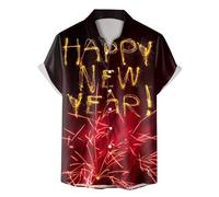 Herren Hemd Kurzarm -Freizeithemd Regular Fit Sommerhemd Hemden Knopf Shirts HAPPY NEW YEAR Drucken Stehkragenhemd Casual Freizeithemden für Männer Freizeit Festliches Party