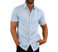 Herren Hemd Kurzarm Leichtes Sommerhemd Business Hemd Lässiges Strand Regular Fit Shirts Sommerhemd Leinenhemd Unifarben Basic Freizeithemd B Light Blue XL
