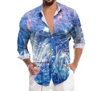 Herren Hemd Langarm -Freizeithemd Regular Fit Shirt Hemden Knopf Shirts HAPPY NEW YEAR 3D-Drucken Langarmhemd Stehkragen Freizeithemden für Männer Party Freizeit Sommerhemd