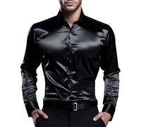 Herren-Hemd, metallisch, glänzend, Nachtclub-Stil, langärmelig, für Abschlussball, Hochzeit, Party, Button-Down-Top, formelle Hemden, bügelfrei, Club, Rock, Hip-Hop, Disco-Kostüm, S-2XL, Schwarz , XL