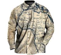 Herren Hemd Mit Kartendruck Langärmelig Lässig Button Down Hemden Stilvoll Ausgefallenes 3D Druck Hemd Business Hemden Party Hawaii Hemden Hemden Urlaubs Strand Hemden Khaki M
