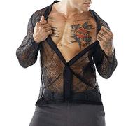 Herren Hemd Spitzen Perspektive Transparent Sexy Top Karneval Nachtclub Oberteil V-Ausschnitt Schwarz Weiß Hochzeit Langarm Shirt Hemden Freizeithemd T Shirts Party Strand Knopf Hawaii Oberteile