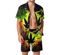 Herren-Hemden-Set, lässiges Jamaika-Blatt-Knopf-Shirt-Set, Hawaii-Hemden und Shorts, 2-teiliges Outfit, Strandhemden, Fashion Jamaica Rasta Leaf, 3XL