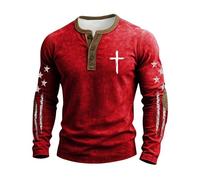 Herren Henley Langarmshirt mit Kreuz und Stern-Flaggen Print im Used-Look Sommer Leicht Oberteile Bequeme Freizeitshirts Casual Atmungsaktives Long Sleeve Weiches für Freizeit Alltags, Geschenke
