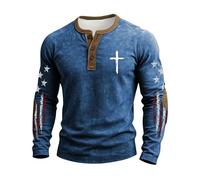 Herren Henley Langarmshirt mit Kreuz und Stern-Flaggen Print im Used-Look Sommer Leicht Oberteile Bequeme Freizeitshirts Casual Atmungsaktives Long Sleeve Weiches für Freizeit Alltags, Geschenke