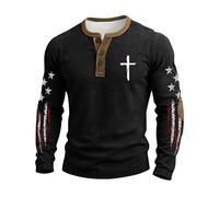 Herren Henley Langarmshirt mit Kreuz und Stern-Flaggen Print im Used-Look Sommer Leicht Oberteile Bequeme Freizeitshirts Casual Atmungsaktives Long Sleeve Weiches für Freizeit Alltags, Geschenke