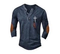 Herren Henley Shirt Freizeithemd Sommerhemd Vintage Casual Leicht Langarm Slim Fit T-Shirt Kreuz und Amerika Flagge Print Used Look Atmungsaktiv Einfarbig Freizeit Alltag, Geschenke