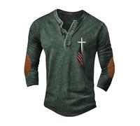 Herren Henley Shirt Freizeithemd Sommerhemd Vintage Casual Leicht Langarm Slim Fit T-Shirt Kreuz und Amerika Flagge Print Used Look Atmungsaktiv Einfarbig Freizeit Alltag, Geschenke