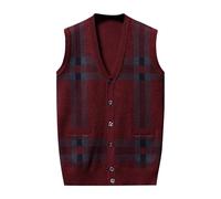 Herren Herbst Winter Pullunder Kariert Slim Fit Ärmellos Männer Wollweste Pulloverweste Zopfstrick Strick Pullover Strickweste Strickpullover Tanktop Gestrickt Mäntel, Rot, L