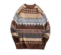 Herren Herbst Winter Vintage Gestreifter Pullover Sweatshirt Oversized Langarm Casual Pullover Strickpullover Tops, Brown, Mittel
