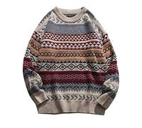 Herren Herbst Winter Vintage Gestreifter Pullover Sweatshirt Oversized Langarm Casual Pullover Strickpullover Tops, Red, Mittel