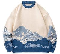 Herren Hip Hop Streetwear Harajuku Pullover Vintage Japanischer Stil Schnee Berg Strickpullover Winter Lässiger Pullover Strickwaren Farbe 1, XXL