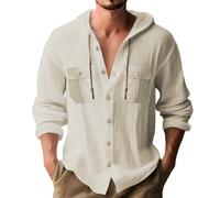 Herren Hoodie Hemd Leichte Atmungsaktiv Einfarbig Mit Tasche Langarmhemd Klassisch All-Match Casual Mode Shirt L-Khaki M