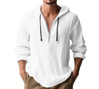 Herren Hoodie Hemd Leichte Atmungsaktiv Halbreißverschluss Einfarbig Langarmhemd Klassisch All-Match Casual Mode Shirt H-White M