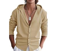 Herren Hoodie Hemd Leichte Weich Atmungsaktiv Gestreift Langarmhemd Klassisch All-Match Casual Mode Shirt C-Khaki M