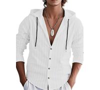 Herren Hoodie Hemd Leichte Weich Atmungsaktiv Gestreift Langarmhemd Klassisch All-Match Casual Mode Shirt B-White XXL