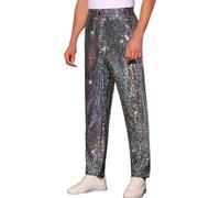 Herren-Hose mit Pailletten, glänzend, glitzernd, normale Passform, gerades Bein, Stretch, flache Vorderseite, leicht, elastische Taille, für Tanz, Bar, Nachtclub, Bühnenshow, Cosplay, XXXL, silber,