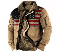 Herren Jacke Sommer Sweatjacke Herren Mit Kapuze Herren Jacke Herbst Steppjacke Übergangsjacke Reverskragen Us Army Flaggendruck Holzfäller Jacke Fleece Futter Jacke Mit Reißverschluss (Camel, L)
