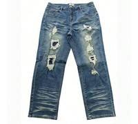 Herren-Jeans in großen Größen im Punk-Stil, robust, mit abgenutztem Cat-Whisker-Wash, ausgefranstem Saum, Rissen, Patchwork-Futter, Slim Fit, gestapel