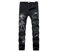 Herren Jeans Totenkopf Aufdruck Trend Chic Jeanshose Streetwear Essential Unique Retro Denim Hosen (Schwarz,36)