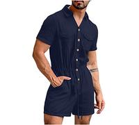 Herren Jumpsuit Herren Sommer Kurzarm Overalls Kurz Männer Strampler Einfarbig Loose Fit Cargo Hose Trainingsanzug Freizeithose Sporthose Einteiler Bekleidung One-Piece Kleiderknopf Shorts